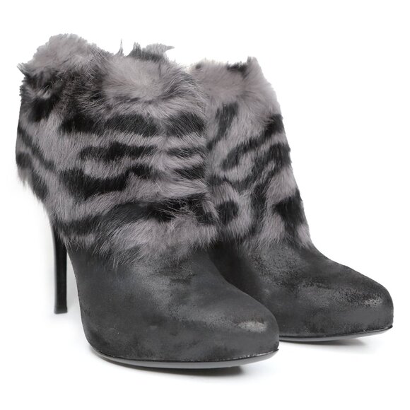 Donald J. Pliner Eli Suede Fur Cuff Ankle Boots Booties Heels Black Grey Stripe - Picture 3 of 14
